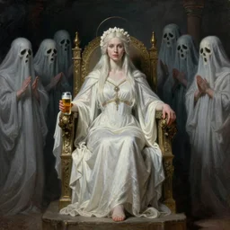 the pale lady sits on her throne. the goddess of death holds court for a crowd of ghosts. in her hands is a can of beer. historical painting, artstation trending, by rebecca sugar, victoria ying, cory loftis, trudi castle, lisa adams, and sarah gibbs.