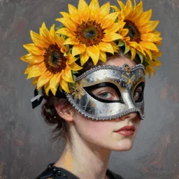 masquerade ball mask, korean audrey hepburn, natalie portman, emma watson, hugh grant, vogue magazine, elle magazine, greg rutkowski, john singer sargent, trending on artstation, anime, oil painting, side profile portrait, looking right, sunflower crown, intricate