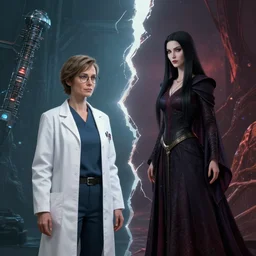 a female scientist and a sorceress meet at a rift between dimensions, made by stanley artgerm lau, wlop, rossdraws, artstation, cgsociety, concept art, cgsociety, octane render, trending on artstation, artstationhd, artstationhq, unreal engine, 4 k, 8 k,