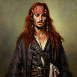 portrait oil painting, 3 0 years old rugged masculine muscular male, pirate long soft flowing crimson hair, upper body only open long coat elegant rugged handsome, bussiere rutkowski andreas rocha, cinematic lighting 1 9 2 0 period drama, unreal, natural tpose