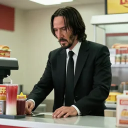 film still of john wick played by keanu reeves working in a fast food restaurant in the new john wick movie, 4 k
