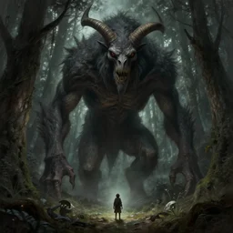 giant woodland revenant looms over a tiny human, high fantasy, horror, dnd, highly detailed, smooth, sharp focus, chiaroscuro, digital painting, artgerm and greg rutkowski and alphonse mucha