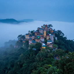 professional photo of a tree top town similar to level of donkey kong country, by discovery magazine, real life, photorealistic, blue foggy dusk, soft focus, long exposure