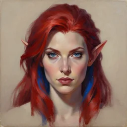 A detailed matte oil on canvas head on symmetrical portrait of a distinguished elven woman  with red and blue hair by Charlie bowater and lise deharme wlop, trending on artstationhd,  dungeons and dragons art critical role