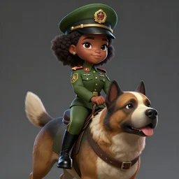 a highly detailed illustration of cute african girl wearing military uniform and green officer cap riding!!! on giant!!! dog!!!, dramatic standing pose, perfect face, intricate, elegant, highly detailed, centered, digital painting, artstation, concept art, smooth, sharp focus, league of legends concept art, wlop