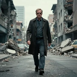 watchman universe, dave walking down street, buildings collapsing
