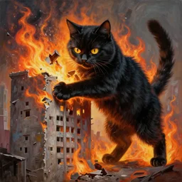 a giant black cat destroying a building with fire painted by Alex Andreev, conceptual art, realistic painting, very detailed, trending on ArtStation, 4k wallpaper, high definition, Zoomquilt