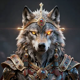 highly lifelike beautiful divine tribal high wolf king with regalia adornments wide rayshade hdr whole infinite capsule apparent with awe an idea seep's into infinity, face axonometricy mechanical fantasy intricate elegant, in void of latent space, volumetric lighting 3 d modelling