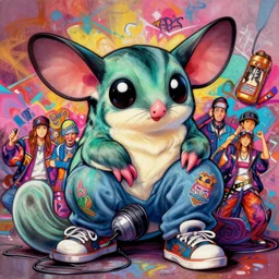 beautiful anime painting of a hiphop graffiti sugar glider royalty chilling to hiphop music, by sherree valentine daines, peter mohrbacher, alice neel, donato giancola, mike winkelmann, laurie greasley. trending on artstation, 8 k, masterpiece, graffiti, fine detail, full of color, intricate detail, golden ratio illustration