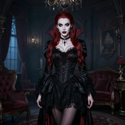 aubrey plaza posing as a vampire in gothic clothing in an dark gothic apartment