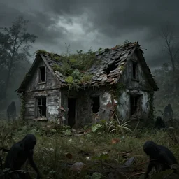 photorealistic ruined cottage, overgrown vegetation, apocalypse, shadowy creatures, hyperrealistic, grimdark, artstation
