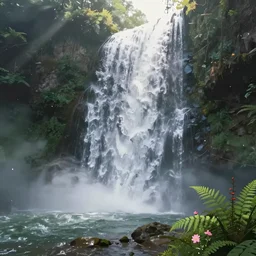 an hidden waterfall, beautiful, atmosphere, vibe, mist, foam, puddles, fern, flowers, concept art illustration, color page, tone mapping, akihiko yoshida, james jean, andrei riabovitchev, marc simonetti, digital illustration, greg rutowski, volumetric lighting, sunbeams, particles