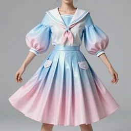 designer figure collection ball shaped accordion sleeve haute couture, sailor uniform, midi skirt, coated pleats, synthetic curves striking pose, dynamic folds, cute pockets, volume flutter, youthful, modeled by modern designer bust, body fit, award fashion, picton blue, petal pink gradient scheme, light holographic tones, expert composition, high detail, professional retouch, editorial photography