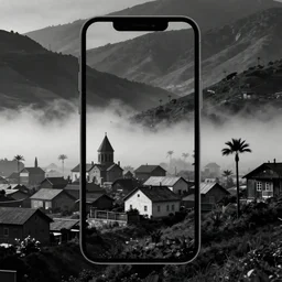 landscape of armenia quindio with houses and some wax palms and mist, digital art, flcl style, minimalist, japanese art, emo goth phone wallpaper