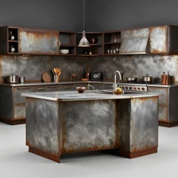 a kitchen with kitchenisle by peter vetsch, dieselpunk design, metal, iron, rust, photography, promotional photoshoot, zeiss lens, design, studio lighting, 8 k, high detail