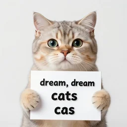 realistic high quality photo of a cute cat holding a sign with text that reads : dream, dream caaats, cats, cas
