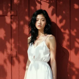 a beautiful young woman in the shade of a red barn!. black hair, white!! dress!, sharp focus, digital art by eddie mendoza, cinematic lighting, intricate detail, dreamlike, hot weather