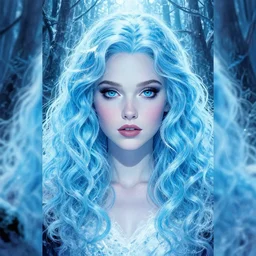 artgerm, joshua middleton comic cover art, full body pretty evan rachel wood ice queen, symmetrical eyes, symmetrical face, long curly blue hair, icy forest, chiral lighting