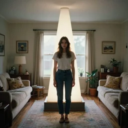 backlit photograph of young woman standing in front of radiating monolith in suburban living room, crisp focus, highly detailed, in roger deakins style, 3 5 mm ektachrome