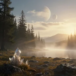 epic crystalline forest with a lake, golden hour, misty ground, rocky ground, distant mountains, hazy, zoom, foggy, atmospheric perspective, altostratus clouds, planets, cinematic, 35mm lens, anamorphic lens flare, photographic, octane render, cinematography by roger deakins, in the style of ansel adams, low details,