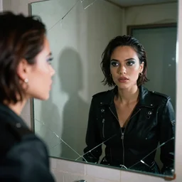 cinestill 5 0 d candid photographic portrait by quentin tarantino of a beautiful mixed feminine man wearing black techwear and light makeup looking in a broken bathroom mirror, rundown new york apartment, medium closeup, retrofuturism grunge cyberpunk lights shadows refraction, 3 5 mm, f / 3 2, 4 k, 8 k, hd, high resolution, ultra realistic faces
