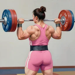 greg manchess portrait back painting of thick very [ [ muscular ] ] female weightlifter wearing pink dress, medium shot, asymmetrical, profile picture, organic painting, sunny day, matte painting, bold shapes, hard edges, street art, trending on artstation, by huang guangjian and gil elvgren and sachin teng
