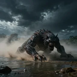 Huge monster crawling from the dust, dark clouds and shadows of mists of the lake at night, dynamic dramatic shot, cinematic angle, 8k quality, award winning photograph.