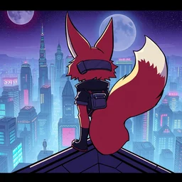 a cyberpunk anthropomorphic fox with a fluffy tail staring over a futuristic city from the top of a roof, comic art, trending on furaffinity, cyberpunk, backlighting, cartoon, by kawacy