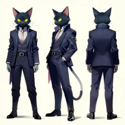 cyberpunk cat in suit sketch, front'side and backview'modelling reference sheet