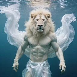 award winning beautiful portrait commission of a muscular male furry anthro albino lion drowning underwater while wearing white silky flowy cloth  with beautiful hyperdetailed face. Character design by charlie bowater, ross tran, and makoto shinkai, detailed, inked, western comic book art
