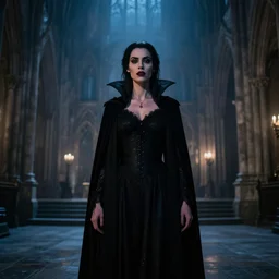 medium shot of mary elizabeth winstead as a vampire in a gothic cathedral at night, gloomy, cinematic, ground mist, volumetric light.