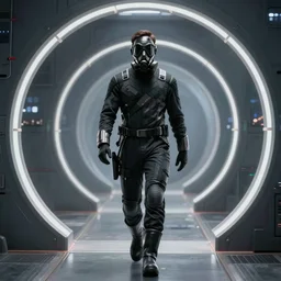 full body cinematic shot of a male time traveling intelligence agent in a black and greyscale sealed continuity suit stepping through a time travel gateway, masculine, simple and functional with gaiter-style gas mask, a mix between splinter cell and metal gear solid by alphonse mucha