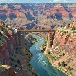 concept art painting of a grand canyon filled with water, giant river, with stone bridge under construction realistic, detailed, cel shaded, in the style of makoto shinkai and greg rutkowski and james gurney