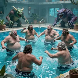 photo, ugly old fat men and monsters fighting 5 3 8 2 8 inside a swimming pool, highly detailed, scary, volumetric lighting
