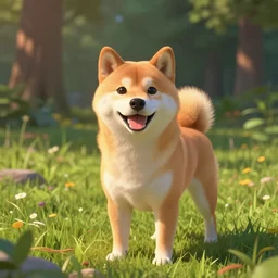 disney pixar render of a handsome shiba - inu in grassy field with forest in the background, cinematic lighting, octane render 8 k