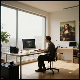 kodak portra 4 0 0 photographic and realistic, a modern room large windows with a clean desk with a desktop computer, detailed, a professional writer sitting at the desk, octane render, unreal engine, 4 k, artstation, hyper realistic, wide angle, 3 5 mm, sharp focus, warm light, in the style of leonardo da vinci
