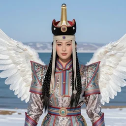 portrait of a beautiful asian mongolian princess goddess spreading its wings, portrait of princess wearing a beautiful ornate crown, in the background lake baikal is seen, in the art style of bagshaw tom, by bagshaw tom