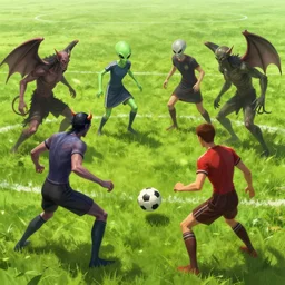 demons and aliens playing soccer at a field, artstation
