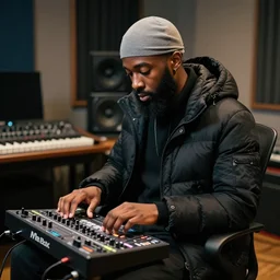 a young black urban male with a full beard, wearing a gray du rag and a black winter puffer down coat, playing an mpc while sitting in a chair in a music studio, epic composition, cinematic lighting, by liquidcoco 李 奎 德, award - winning, masterpiece,