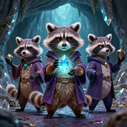 3 5 mm portrait of furry necromancer sly cooper raccoon holding a magical glowing gemstone in a crystal cave, d & d, magic the gathering, criag mullins, artgerm, wlop, disney, pixar,