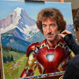 a closeup photorealistic photograph of bob ross painting on a canvas painting of iron man. mountain scape. film still, vibrant colors. this 4 k hd image is trending on artstation, featured on behance, well - rendered, extra crisp, features intricate detail, epic composition and the style of unreal engine.