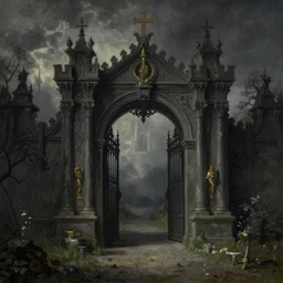 beautiful painting of a dark eternal fantasy gates, by Albert Bierstadt and Filip Hodas, trending on ArtStation.'
