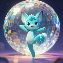 cyan cute spirit axie pet dances under colourful discoball, fantasy, studio ghibli, style artstation, style greg rutkowski, octane render, unreal engine 6, epic game graphics, fantasy, conceptual art, ray tracing
