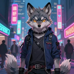 beautiful furry digital art painting portrait commission of an androgynous furry anthro wolf fursona wearing punk clothes in the streets of a cyberpunk city. neon signs. character design by charlie bowater, skeleion, imalou, tessgarman, artgerm, makoto shinkai, fa, furraffinity