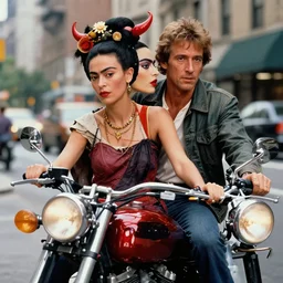 a colorful portrait photograph of francis bacon and frida kahlo riding a motorcycle in new york, 1 9 9 0 s, with diabolical cursed creepy dolls, poppy playtime style, with crazy laughs and crazy eyes, taken by martin parr, saturated colour photo, high definition, 8 k