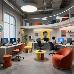 Interior shot of a futuristic brutalist studio apartment with computers and colourful furniture by Petros Afshar and Beeple, James Gilleard, Mark Ryden, Wolfgang Lettl highly detailed