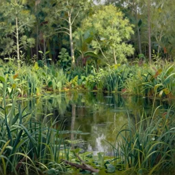 a secluded pond in a verdant wetland, extremely detailed oil painting, sargent and leyendecker, savrasov levitan polenov, bruce pennington, tim hildebrandt, digital art, landscape painting, trending on artstation, masterpiece
