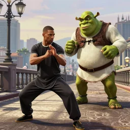 trevor philips practices kong fu with shrek on a bridge, gta san andreas style,
