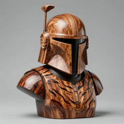 a completely made of wood, real - world sculpture bust of the mandolorian star - wars character, made of highly polished walnut wood, polished, cedar, polished tiger - wood. photograph, photographic, 3 5 mm