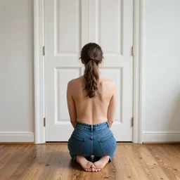 woman with ponytail, sitting on her knees on a wooden floor, wearing blue jeans, in front of a white door, by emile friant, jeremy lipking, joseph todorovitch